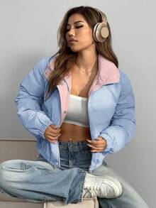 SHEIN EZwear 女式拉链双面按扣灯芯绒棉服秋冬装 - 藍色 - 查看 3