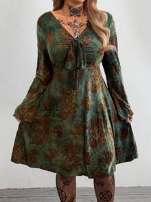 Whyspr Retro Bohemian Style Long Sleeve Flocked Mini Dress - Multicolor - View 4