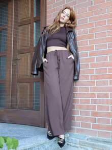 SILVIA DI SANTO Women's Linen Blend Low Waist Straight Leg Casual Pants, Suitable For Holidays Work Pants,Linen Pants - Rust Brown - View 5