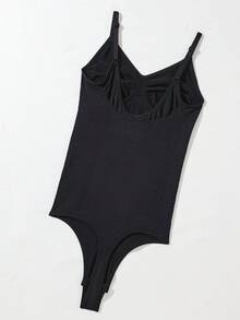 Women's Black High Stretch Plain Backless Thong Bodysuit Romantic Vintage Shapewear Tank Top With Bra