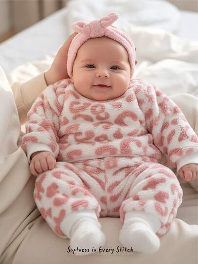 Cozy Pixies Newborn Baby Girl Leopard Print Cute Animal Pattern Fleece Crew Neck Long Sleeve Sweatshirt And Elastic Waist Pants 2 Pieces Outfit, Suitable For Winter