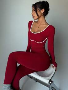 Dewbera Conjunto Esportivo Sem Costura Feminino, Top de Manga Longa com Listras Contrastantes e Legging Justa com Cintura Contrastante