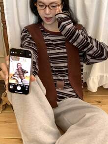 DAZY Autumn New Striped Women Round Neck Drop Shoulder Long Sleeve Casual T-Shirt - Burgundy - View 7