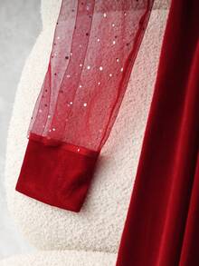 Franclia 优雅女士连衣裙，褶皱腰身，圆领，白色珍珠串珠，闪亮网纱袖，酒红色天鹅绒面料，适合新年、秋冬季及时尚派对穿着 - 酒紅色 - 查看 8