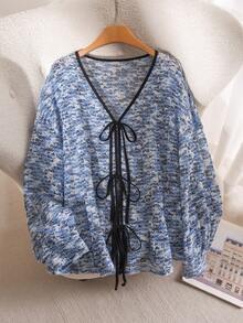 CosyJoli Áo len dệt kim màu trơn cỡ lớn cho nữ, thiết kế nơ phía trước, thích hợp mặc thường ngày, mặc ở nhà, mặc đi học, mặc thu/đông - Màu xanh lam - Xem 3