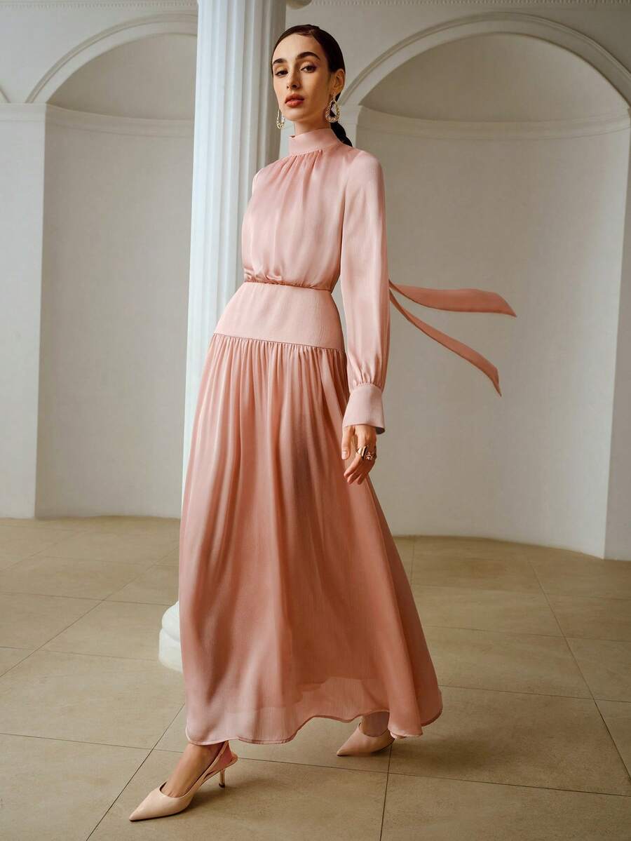 ZEYLAH Satin Ribbon Collar Long Sleeve Dress, Romantic For Valentine's Day, Spring/Summer - Pink - View 1
