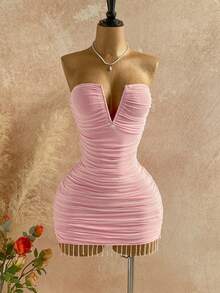 SHEIN x Eduarda Gutierrez Soleia Spring/Summer New Casual Vacation Western Beach Wedding Guest Attire Graduation Brunch Wear St. Patrick's Day Spring Break Easter Music Festival Elegant Boho Tropical Chic Party Valentine's Day Pink Mesh Backless V-Neck Ruched Beaded Tassel Mini Dress For Women