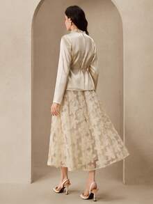 Graceveil 女士两件套：亮面长袖系带上衣和优雅喇叭网纱裙 - 杏色 - 查看 8