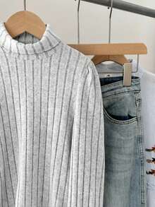 SHEIN Serisse Kids Tween Girls Solid Grey Textured Ribbed Fabric Mock Neck Lantern Sleeve Long Sleeve Tee, Casual Daily Wear Long Sleeve Top Turtleneck Knit Top Girl Knit Top Girls Knit Jumper Tween Ribbed Knit Top Solid Gray Turtleneck - Grey - View 10