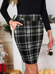 SHEIN Clasi Women's Autumn/Winter Fashionable Plaid Fitted Skirt - Black and White - View 3