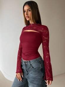 Aloruh Wine Red Lace Flare Sleeve Slim Fit Hollow Out Women T-Shirt - Red - View 6