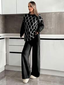 SHEIN Tall Tall Gold Lurex Jacquard Sweater Long Tunic And Solid Sweater Pants Set Elegant And Suitable For Modest Women Winter Sweater Set - Black and White - View 5