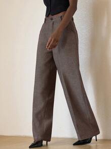 Aveloria Modichic Women's Suit Pants Herringbone Wide Leg Trousers,Shades Of Brown,Autumn,Business Casual,Office High Waist Relaxed Fit Tweed Pants With Side Pockets - Multicolor - View 4