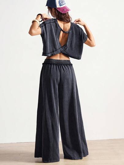 Bohemela Boho Winter/Spring/Summer Outerwear, Vintage Women's Casual 2pcs/Set Women Casual Washed Solid Color Black Off Short Sleeve Loose Knit Top & Wide Leg Knit Pants, Western Country Style Concert Party Outfits, Suitable For Beach Vacation Outfit & Daily Wear & Back To School & Going Out Outfits & Party Outfits, Christmas Clothes, New Year Clothes, 2000s Y2k Clothes, Summer Holiday Outfits