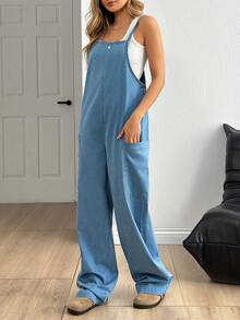 EURMUSE Side Pocket Detailed Long Denim Jumpsuit - Medium Wash - View 6