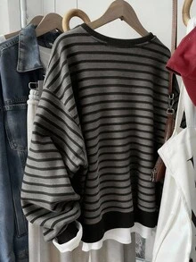 Resyla 女士休闲条纹套头卫衣，时尚百搭，适合户外活动、摄影、露营、秋冬季节以及开学季穿着。 - 彩色 - 查看 2