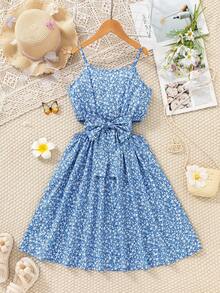 Tween Girls' Casual Ditsy Floral Spaghetti Strap Dress, Spring/Summer Vacation - Blue - View 2