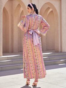 Al Najma Women's Elegant V-Neck Long Sleeve Cashew Pattern Arabic Style Dress Modest Dress Maxi Long Sleeve Dress Formal Elegant Party Uxury Evening Dresses Wedding Party Dress - Multicolor - View 2