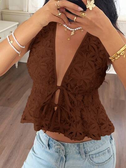 Serisse Blusa sin mangas con nudo delantero y estampado floral 3D, para verano