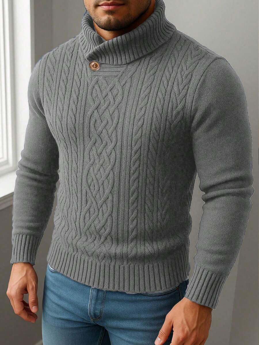 Manfinity Homme 加大码男士高领针织衫，半开襟设计，秋冬季叠穿上衣，适合外穿、户外工作、通勤和休闲穿着，送给男朋友的绝佳礼物 - 灰色 - 查看 1