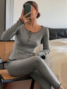 DAZY Women's Contrast Trim Polka Dot Print Brushed Pajama Set, Autumn/Winter - Grey - View 4