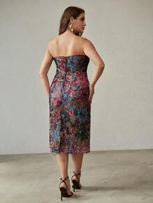 MOTF PREMIUM فستان حفلة بدون أكتاف من الشبك المرصع بالترتر، خريف/شتاء - متعدد الألوان - مشاهدة 3