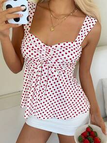 CovetEZ Hàng mới về mùa Xuân/Hè 2026 dành cho nữ: Áo nữ chấm bi đỏ ngọt ngào, dễ thương, kiểu dáng thường ngày, có bèo nhún và dây rút. - Đỏ và trắng - Xem 4