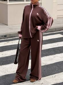 Muchica Bộ đồ thể thao quần và áo khoác sọc màu tương phản - màu nâu - Xem 4