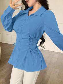 Modelyn Drawstring Tie Neck Minimalist Solid Color Long Sleeve Women Blouses - Blue - View 4