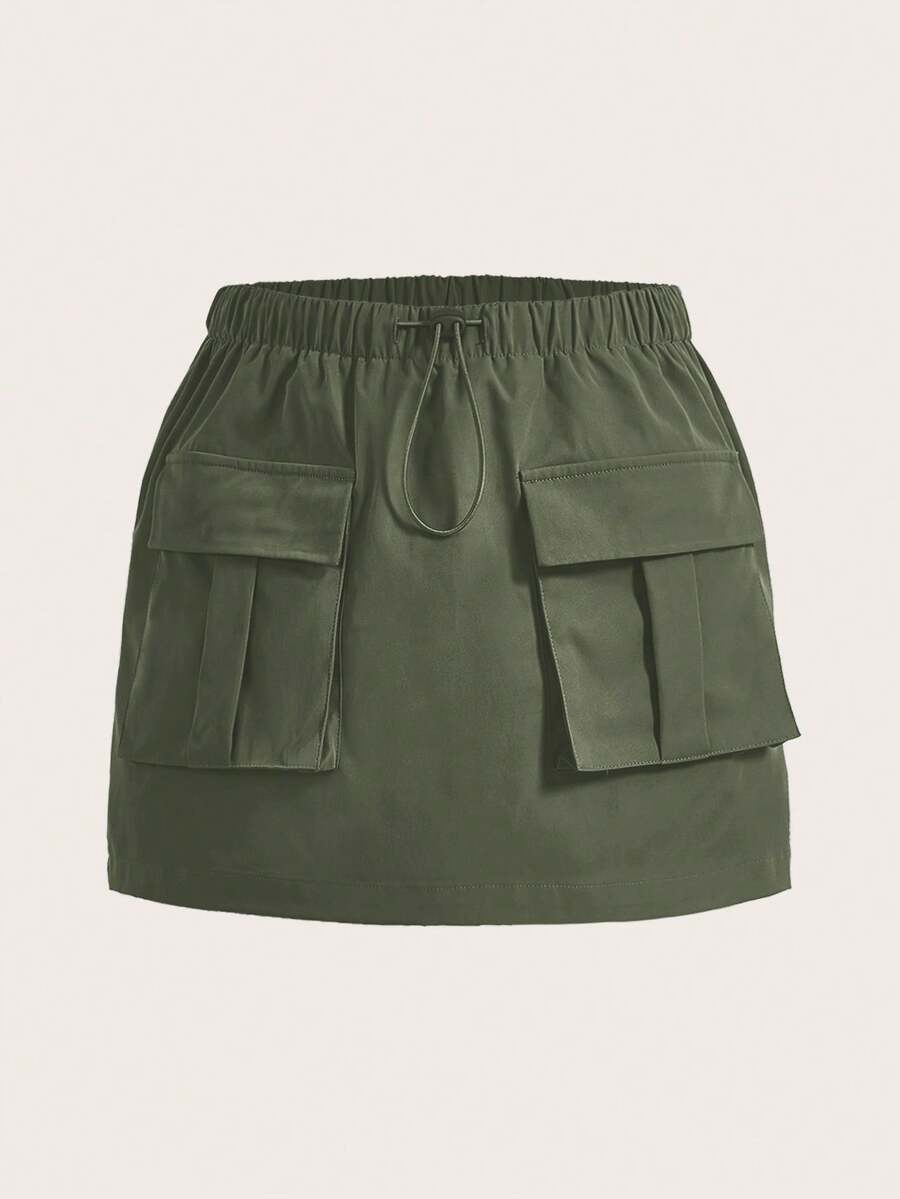 SHEIN EZwear Váy xếp ly màu trơn có túi nắp cho nữ cỡ lớn có dây rút ở eo - Đen - xanh quân đội - Xem 1