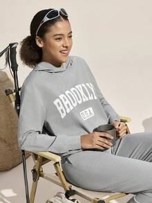 Exploreva 女士落肩长袖宽松连帽外套 - 灰色 - 查看 2