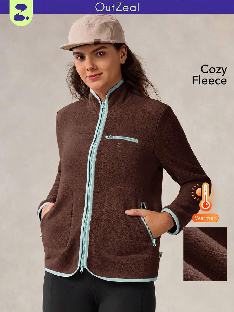 OutZeal 女士保暖抓绒立领前拉链口袋户外抓绒冬季徒步露营 - 棕色 - 查看 1