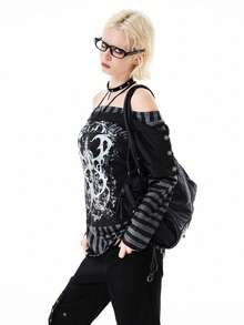 Bloopia Women's Knitted Long Sleeve Striped Patchwork Off Shoulder Sweatshirt, Fashionable And Versatile - Black - View 6