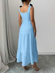 Selianne Colorblock Bow Strap Embroidered Knit Beach Vacation Party Dress - Blue - View 2
