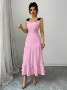 Elenzga Váy dự tiệc đi biển thêu dây nơ nhiều màu sắc cho nữ - Hồng - Xem 4