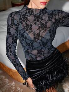 Lavishia 女士优雅印花立领长袖时尚百搭衬衫 - 黑色 - 查看 8