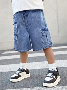 SHEIN Young Boy Street Cool Distressed Stonewashed Loose Fit Dark Grey Denim Cargo Shorts With Multiple Pockets,For Streetwear - Dark Wash - View 6