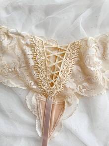 SHEIN 女士性感纯色低腰蕾丝丁字裤 - 香檳色 - 查看 4