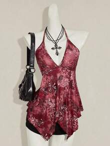 SHEIN ICON Burgundy Halter Tank Top For Women Boho Style Knitted Fabric Regular Length