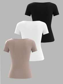 EMERY ROSE Women's Solid Color V-Neck Short Sleeve Ribbed Casual Versatile T-Shirt - Multicolor - View 2