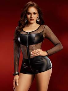 EmpressEnvy 性感女式紧身连衣裤，拉链，网眼拼接，亮面 PU 皮革，迷人，女强人，办公室警察，酒吧，派对，化妆舞会 - 黑色 - 查看 3