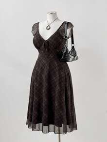 Sunspun Plaid Print Cap Sleeve Square Neck Midi Dress, Summer - Multicolor - View 6