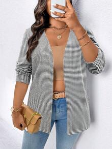 SHEIN Clasi Plus Size Women Houndstooth Wool Blend Short Jacket, Autumn/Winter - Multicolor - View 5