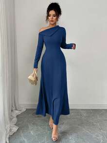Elenzga 优雅女士长款系带A字连衣裙，露肩设计，纯色，适合日常、派对、度假、晚宴等场合，秋冬季节亦可穿着。秋季女装、冬季女装、圣诞连衣裙、商务休闲女装、职业装、婚礼礼服、哥特风女装、露肩单肩连衣裙 - 水鴨藍 - 查看 6