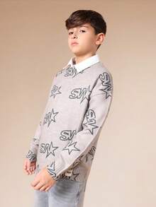 SUMWON Pull tricoté pour garçons avec motif de logo et imprimé intégral, col ras-du-cou, manches longues, pull décontracté pour l'école et les vacances - Gris - Voir 4