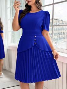 Ellevyn Đầm xếp ly công sở thanh lịch thiết kế bất đối xứng màu trơn cỡ lớn khóa kim loại trang trí - Xanh đậm - Xem 7