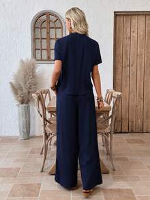 EMERY ROSE Women's Vacation Casual Solid Color Shirt And Pants 2 Pieces Set Navy Blue Set Pant Suit Summer Sets Linen Two Piece Set Casual Jumpsuit Navy Blue Jumpsuit Women's Summer Set Casual Sets For Women Casual Women Outfits Summer Outfits Vacation - Navy Blue - View 2