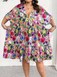 SHEIN CURVE+ Plus Size Women Striped V-Neck Batwing Short Sleeve Ruffle Hem Casual Dressfall Clothes For Women,Winter,CURVE PLUS - Multicolor - View 5