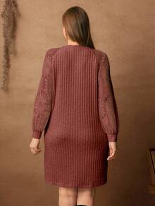 Rosumi 大码女式圆领长袖罗纹休闲宽松连衣裙 - 棕色 - 查看 10