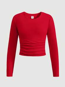 SHEIN Girlism Tween Girls Ruched Design T-Shirt With Hair Scrunchie, Casual & Fashionable For Everyday Wear - Red - View 5